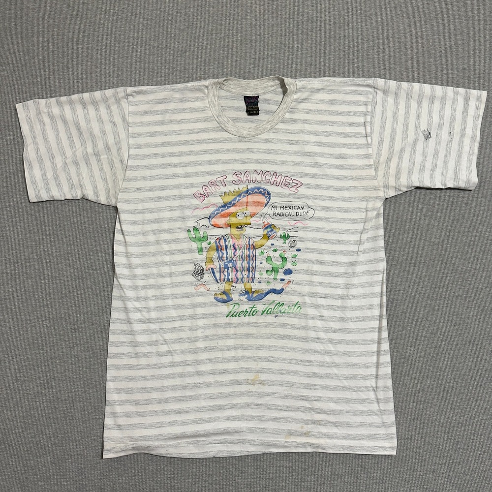 Vintage Bart Sanchez Puerto Vallarta Striped Graphic T-Shirt White Gray Mens XL